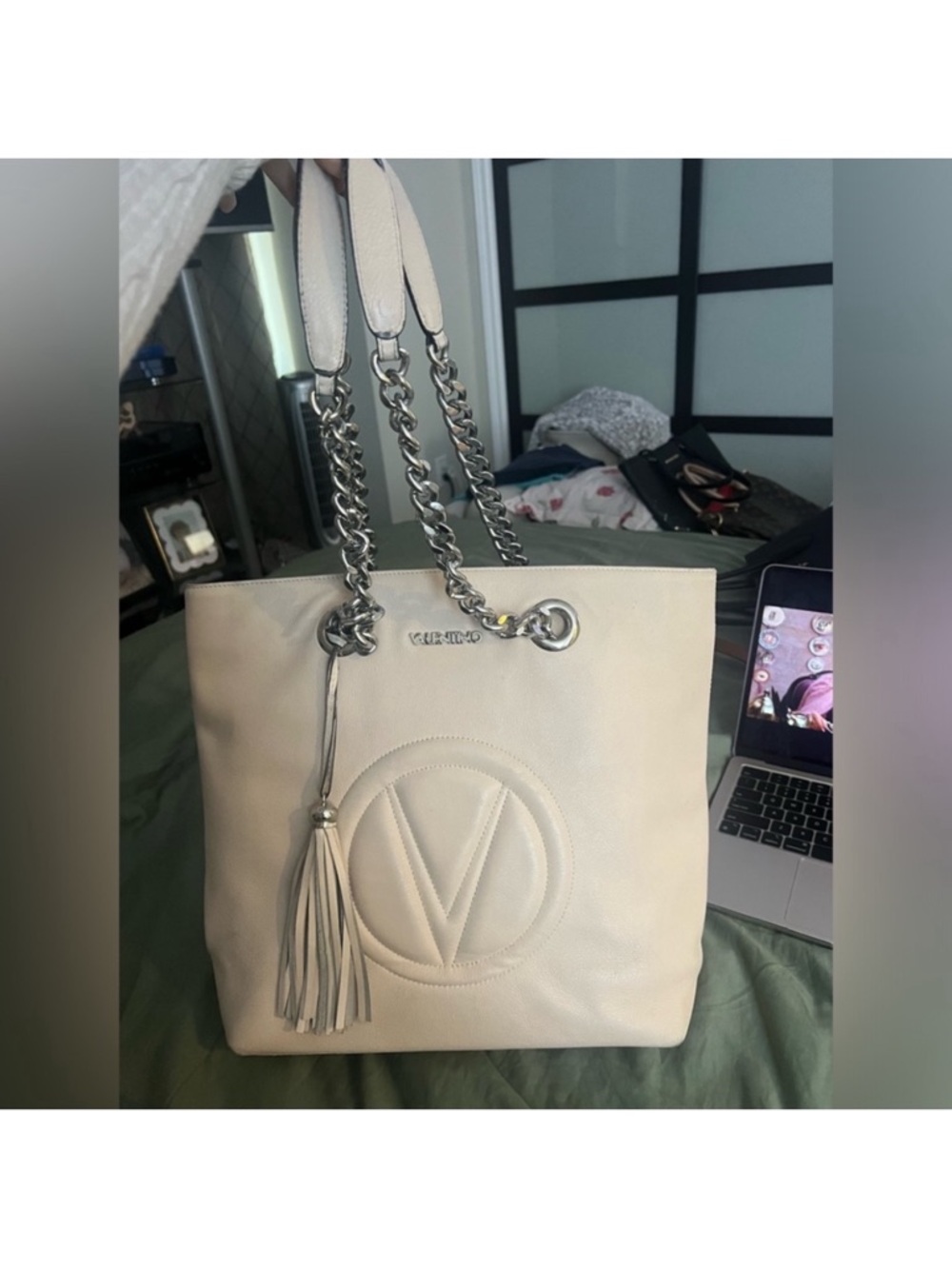 Valentino Off-White Leather Tote with Chain Strap - Picture 4 of 5